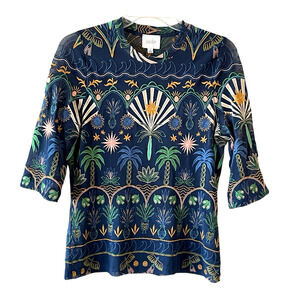 JADE by JOHNNY WAS Size Small Kaia Mesh Navy Del Mar Embroidered T-Shirt Top